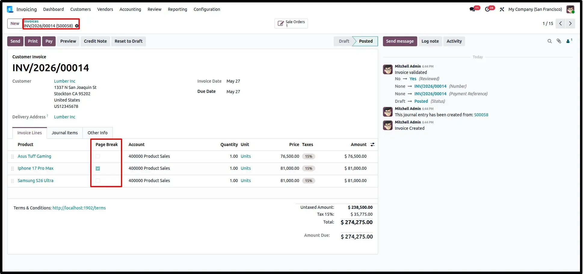 Configure Page Break on Invoice Lines